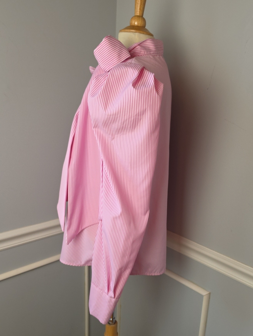SHEIN Pink White Striped Puff Sleeve Tie Neck Bow Career Office Blouse Top XL - Picture 2 of 8